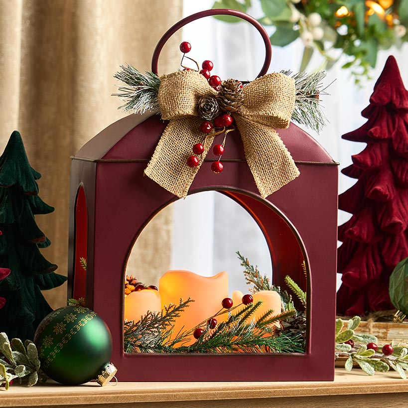 Christmas Country Red Lantern With LED Candle Trio