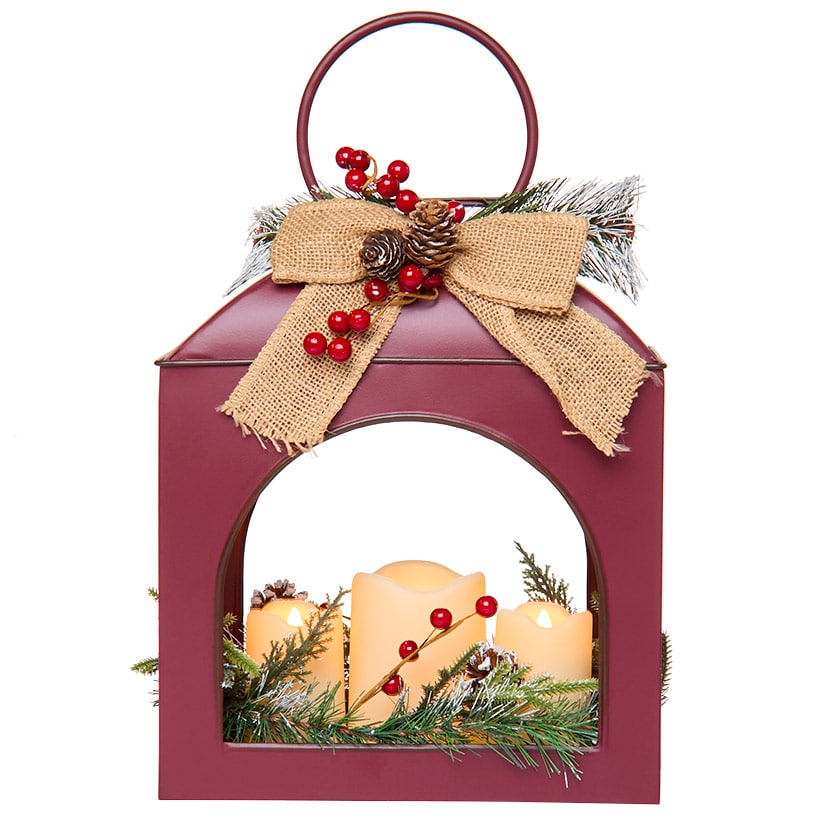 Christmas Country Red Lantern With LED Candle Trio