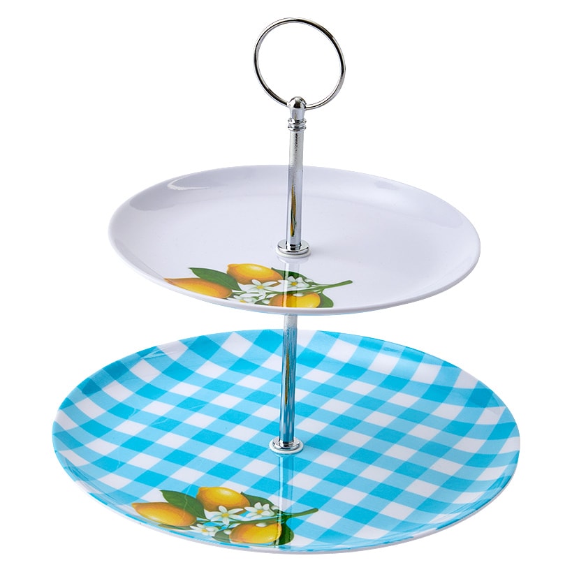 Citrus Chic Blue Plaid and Lemon Print 2-Tier Serving Tray