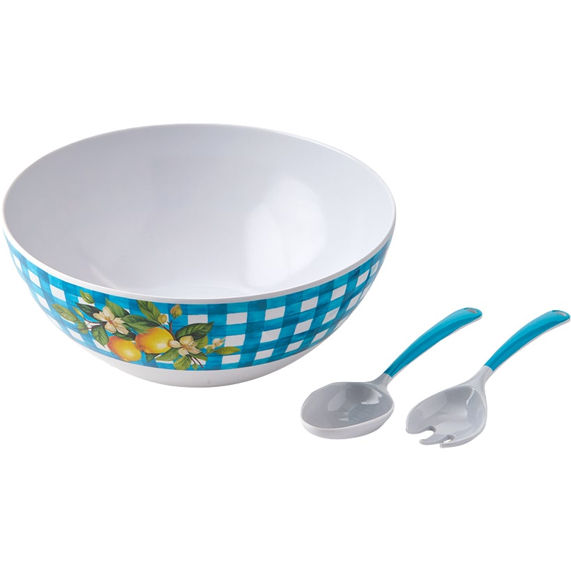 Citrus Chic Blue Plaid and Lemon Print Melamine Salad Bowl with Utensils