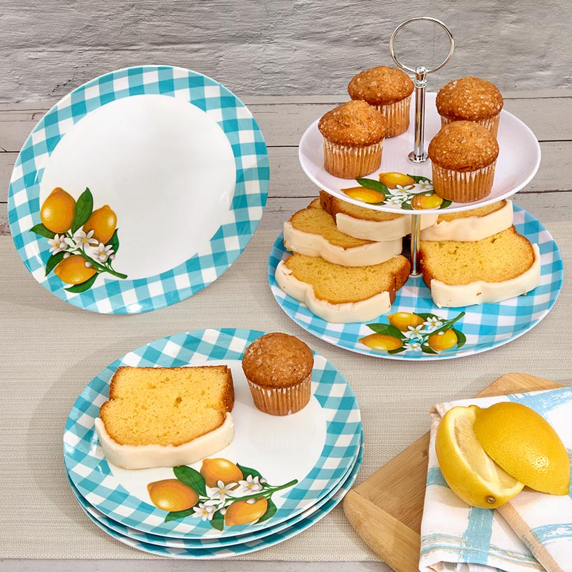 Citrus Chic Blue Plaid and Lemon Print Melamine Dessert Plates
