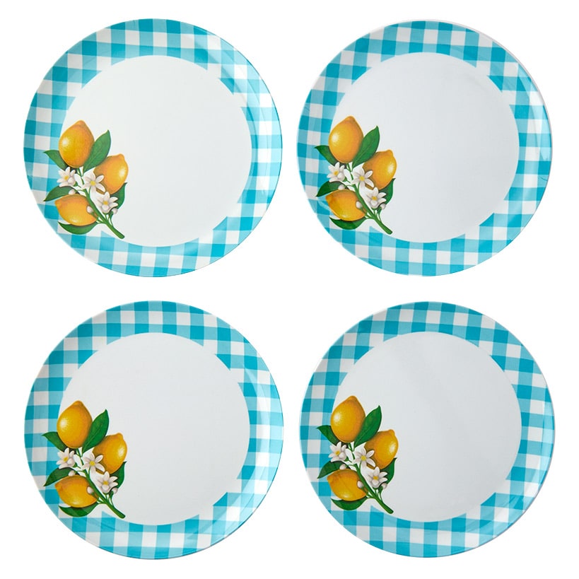 Citrus Chic Blue Plaid and Lemon Print Melamine Dessert Plates