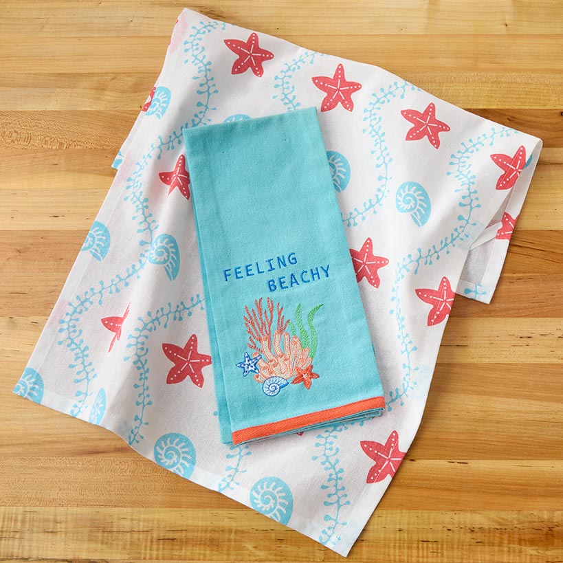 Coastal Themed Embroidered Kitchen Towels, Set of 2