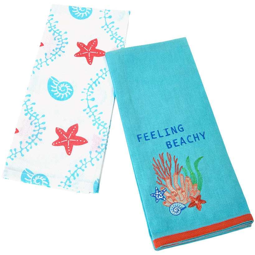 Coastal Themed Embroidered Kitchen Towels, Set of 2
