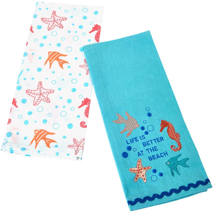 Coastal Themed Embroidered Kitchen Towels, Set of 2
