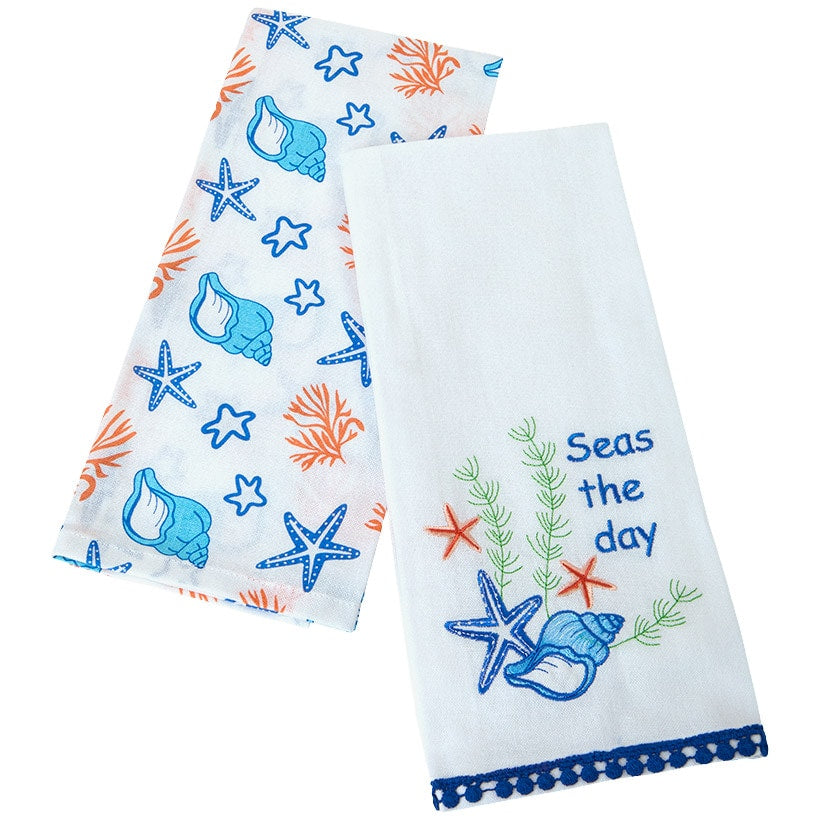 Coastal Themed Embroidered Kitchen Towels, Set of 2