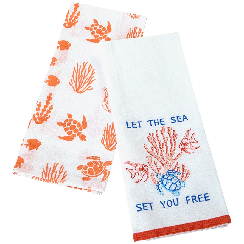 Coastal Themed Embroidered Kitchen Towels, Set of 2