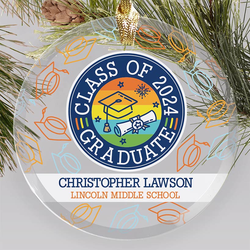 Personalized Graduation Colorful Grad Caps Round Glass Ornament