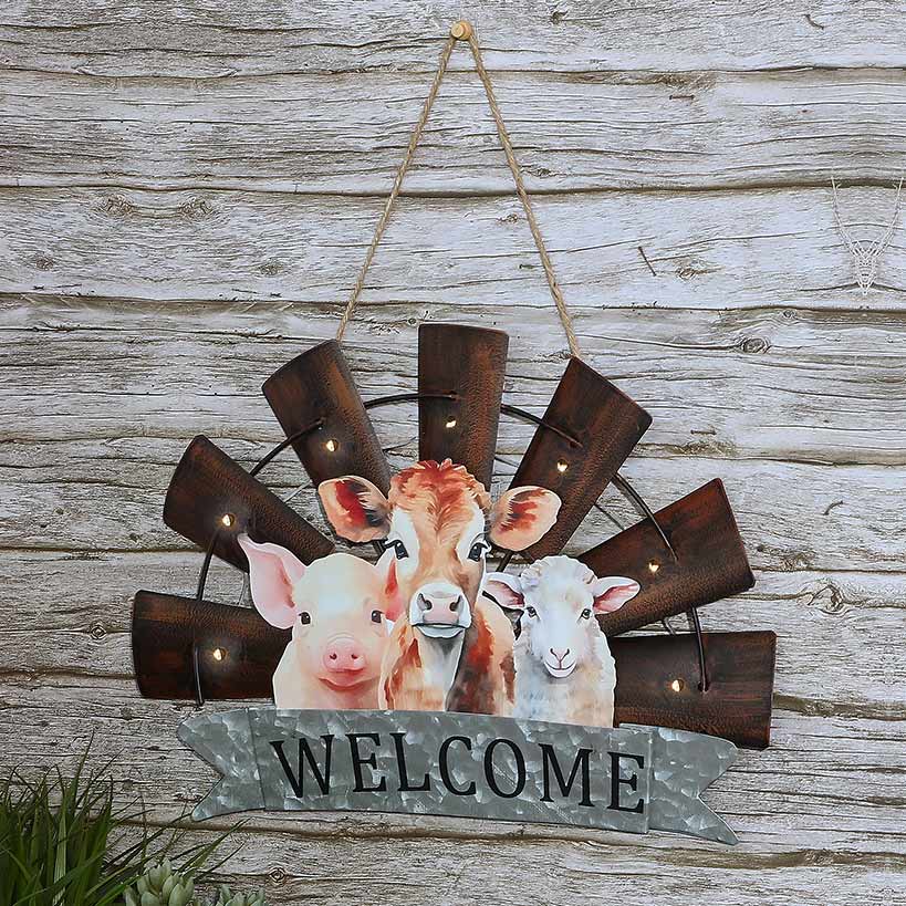 Welcome Windmill Sign With Farm Animals And LED Lights Hanging Decor