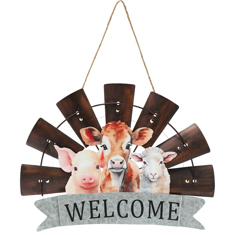 Welcome Windmill Sign With Farm Animals And LED Lights Hanging Decor