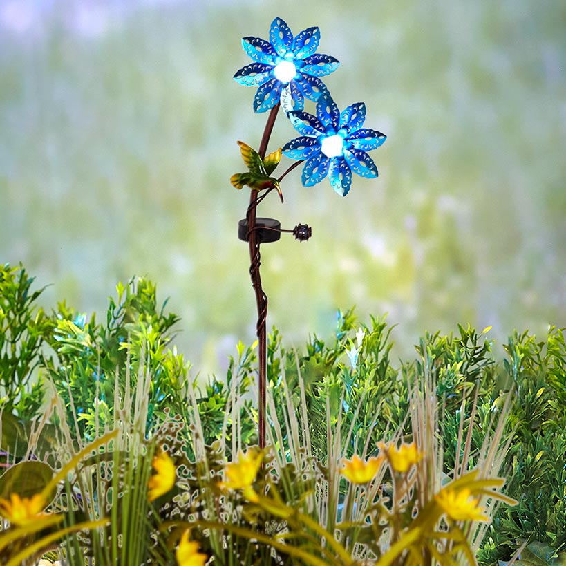 Solar Double Flower and Critter Garden Stake Set – Pink and Blue