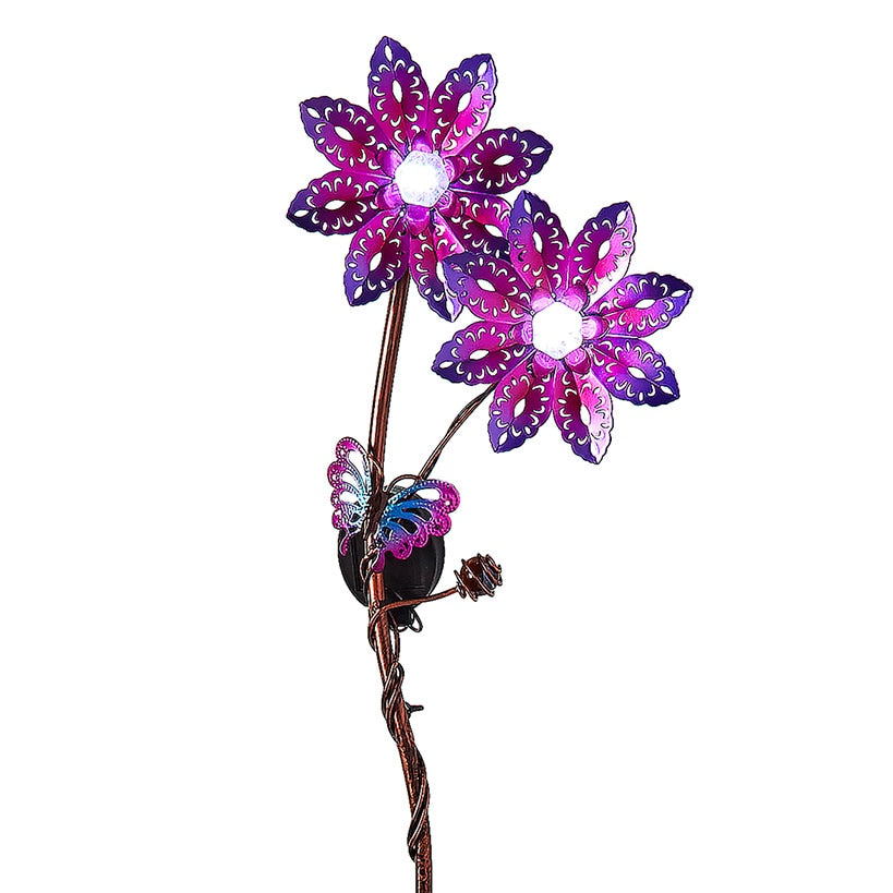 Solar Double Flower and Critter Garden Stake Set – Pink and Blue