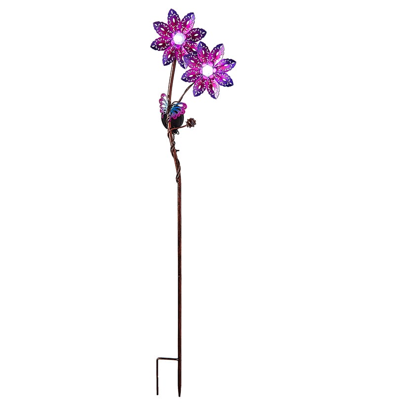 Solar Double Flower and Critter Garden Stake Set – Pink and Blue