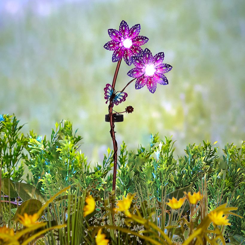 Solar Double Flower and Critter Garden Stake Set – Pink and Blue