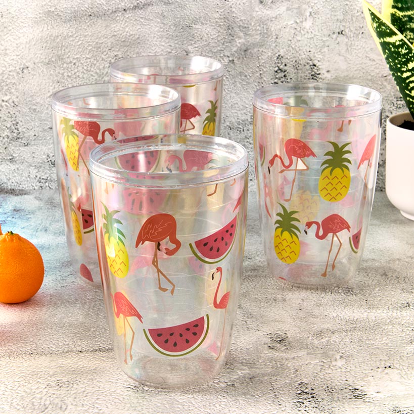 Plastic 16oz Insulated Tumbler Set of 4 Flamingo or Flipflops