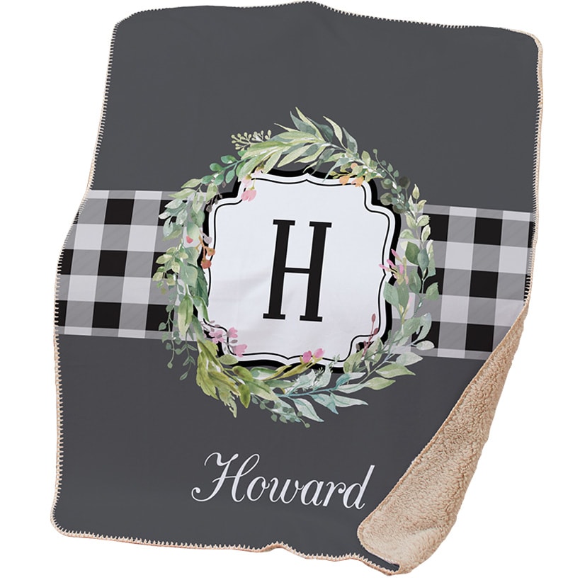 Personalized Farmhouse Plaid Wreath Sherpa Throw