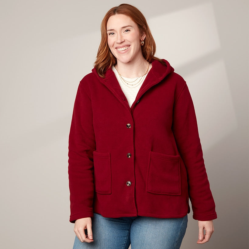 Women's Button-Up Fleece Jacket with Hood