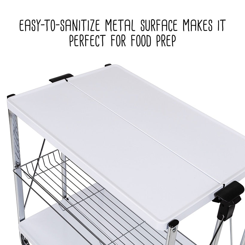 Folding Kitchen Cart with Metal Basket