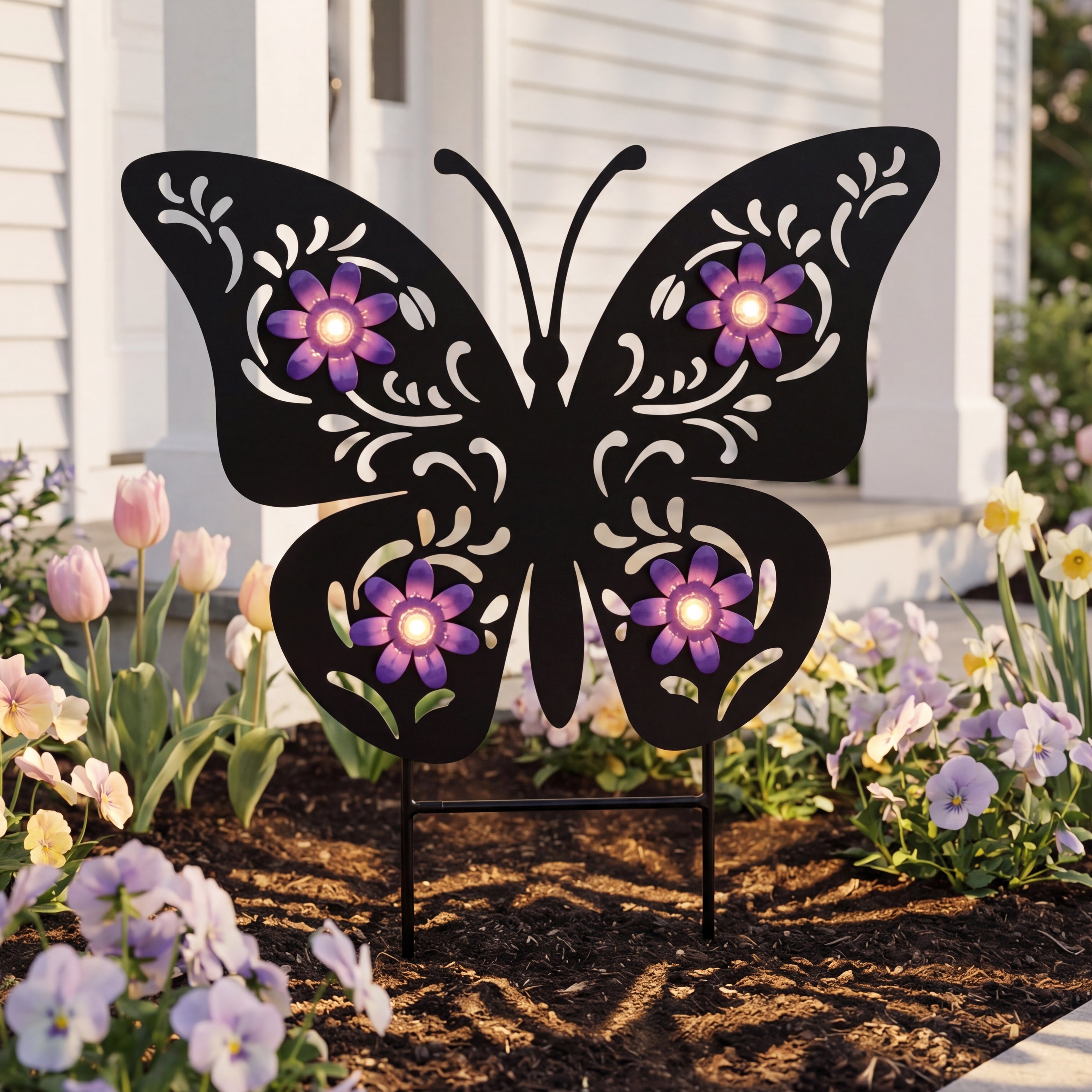 Solar Spring Silhouette Garden Stake With Flowers - Bunny or Butterfly
