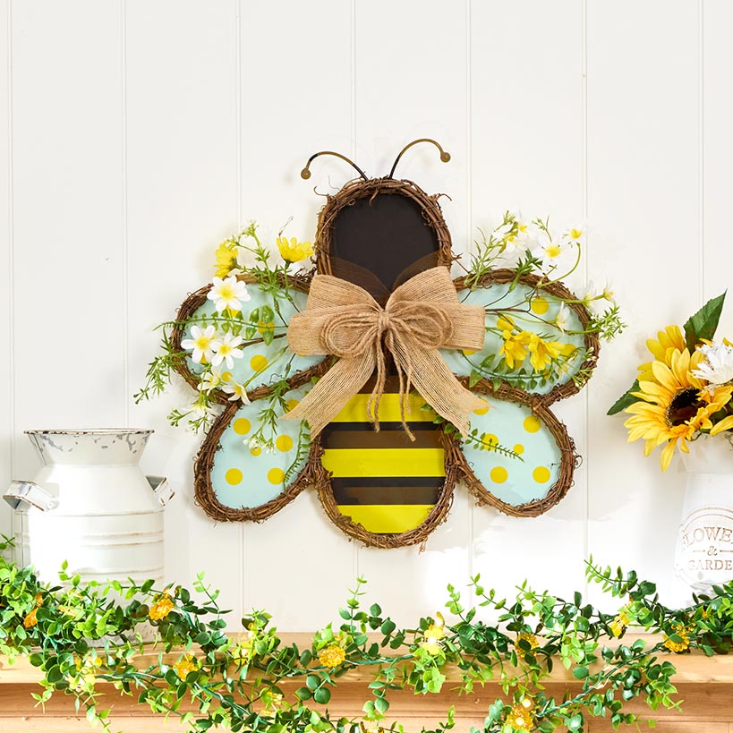 Handcrafted Rattan Bee or Ladybug Wall Decor with Vibrant Yellow Flowers
