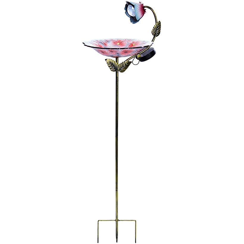 Glass Birdbath with Metal Stake – Red Flower Design