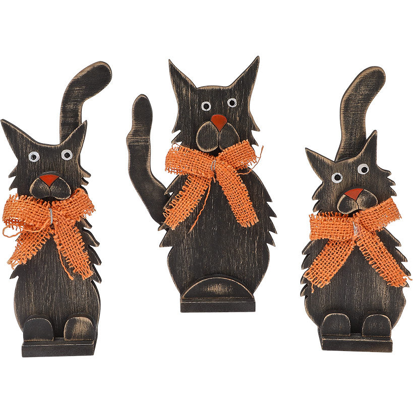 Halloween Tabletop Wood Decor In Black Cat Or Haunted Lane Trio