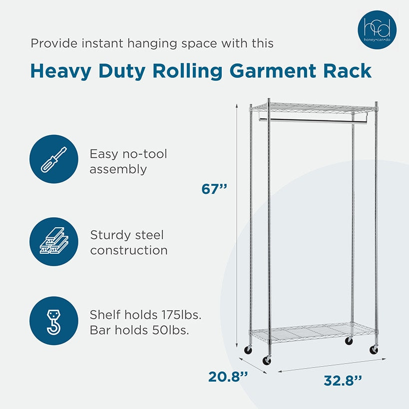 Chrome Heavy-Duty Rolling Clothes Rack with 2 Shelves