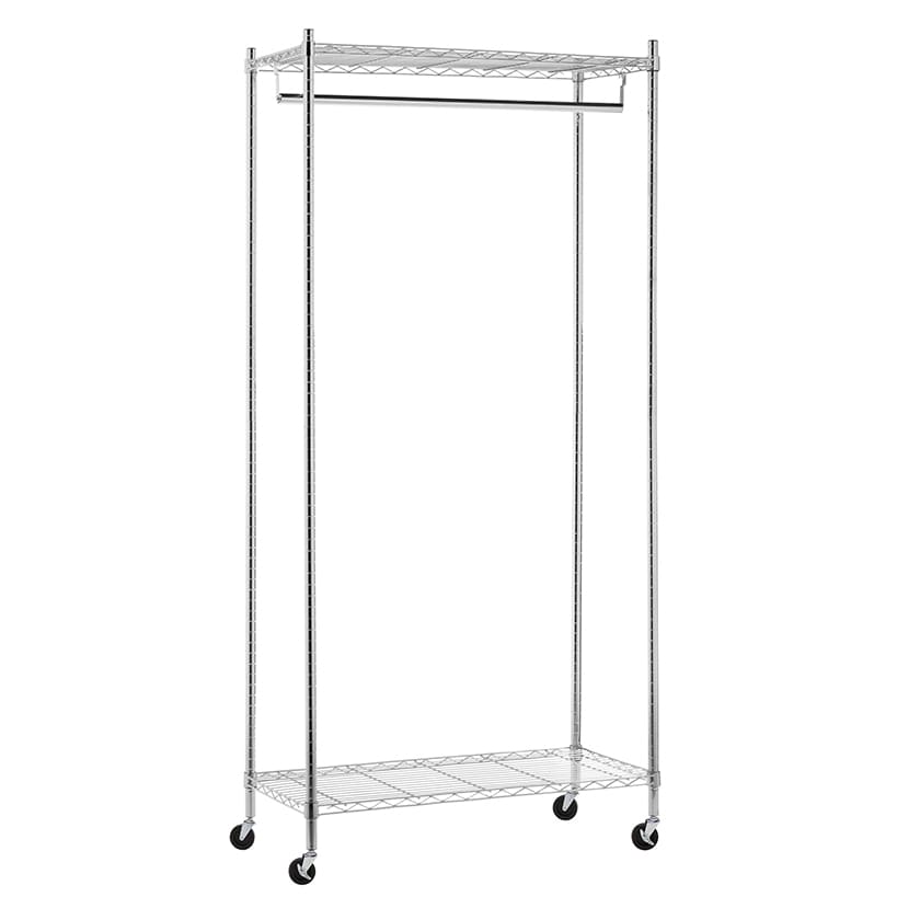 Chrome Heavy-Duty Rolling Clothes Rack with 2 Shelves