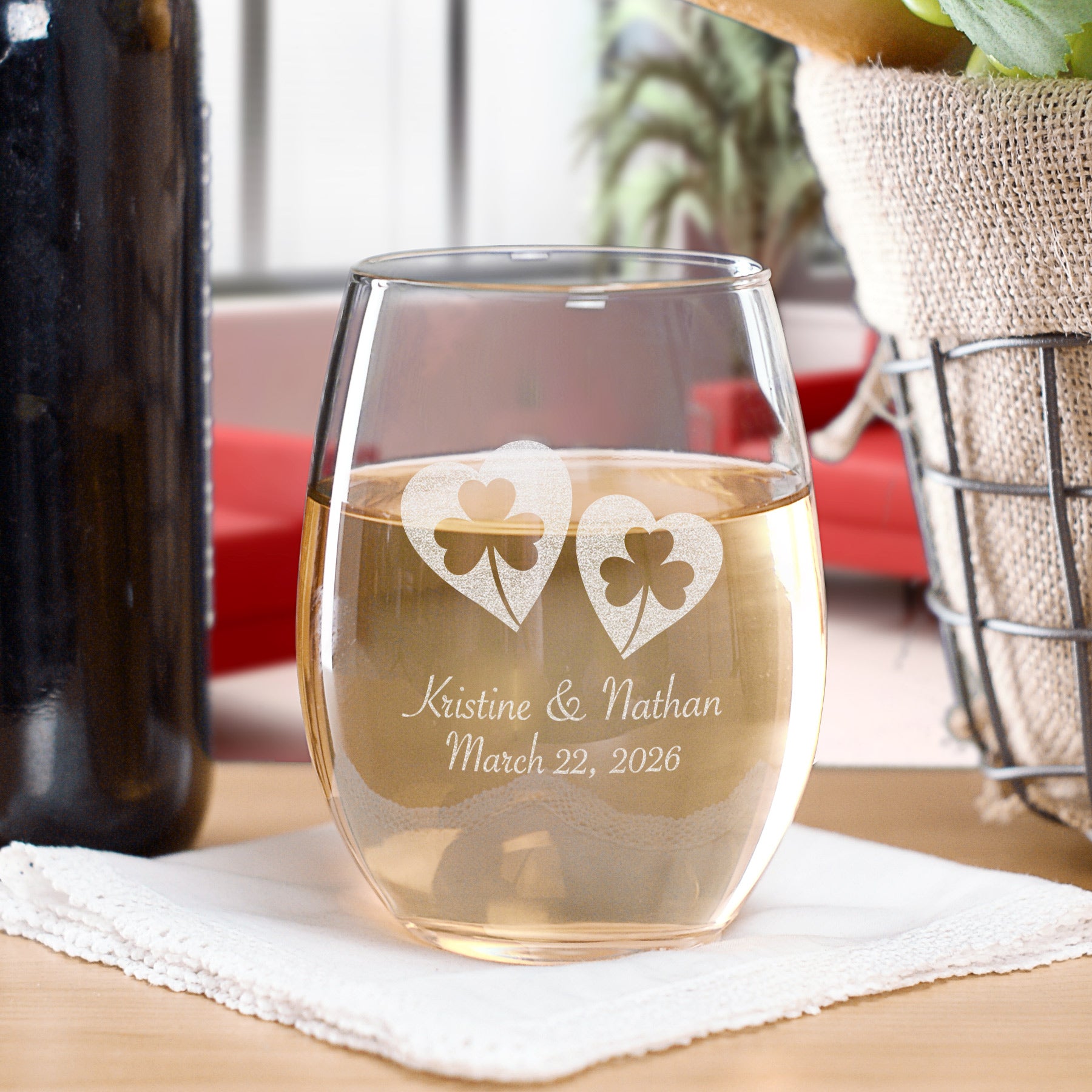 Personalized Shamrock Hearts Wine Glass