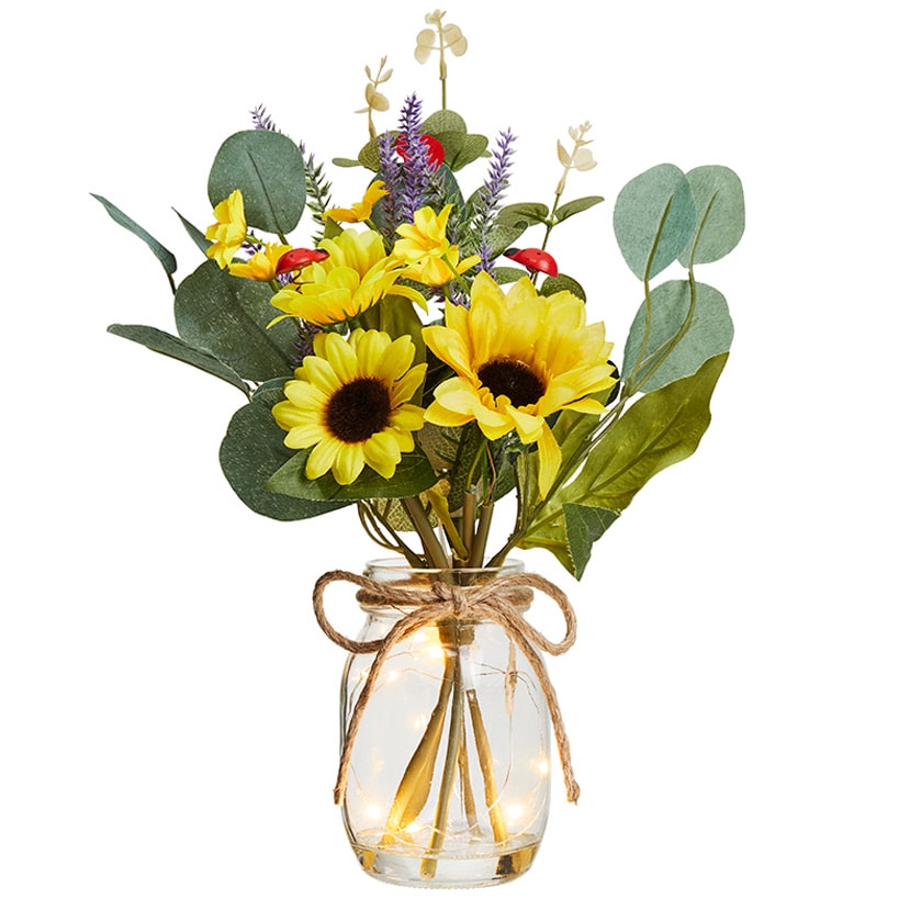 Floral Vase Bouquet With Fairy Lights Sunflower Greenery Mix Or Daisy