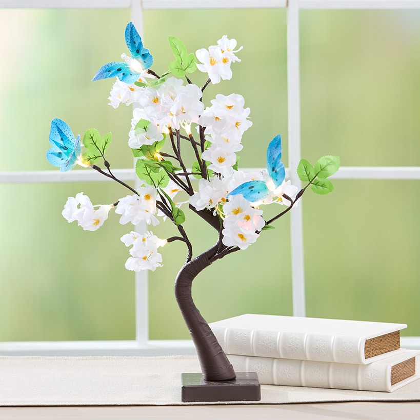 Lighted Fiber Optic Flower Butterfly Tabletop Tree - Pink or Yellow