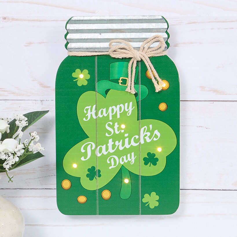 Valentine's and St Patrick's Lighted Mason Jar Wall Plaque With Saying