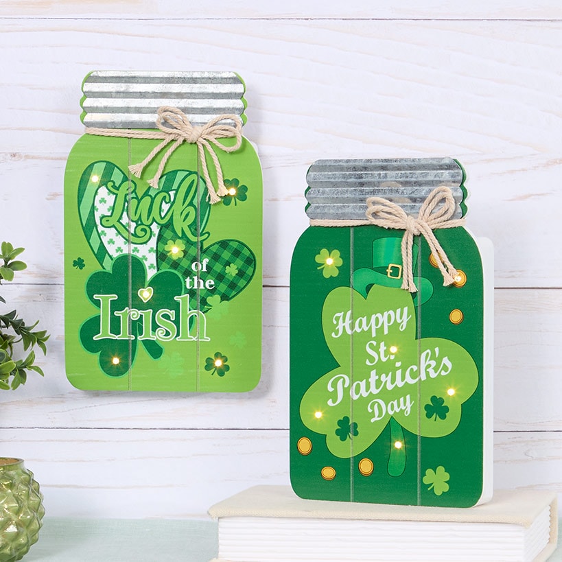 Valentine's and St Patrick's Lighted Mason Jar Wall Plaque With Saying
