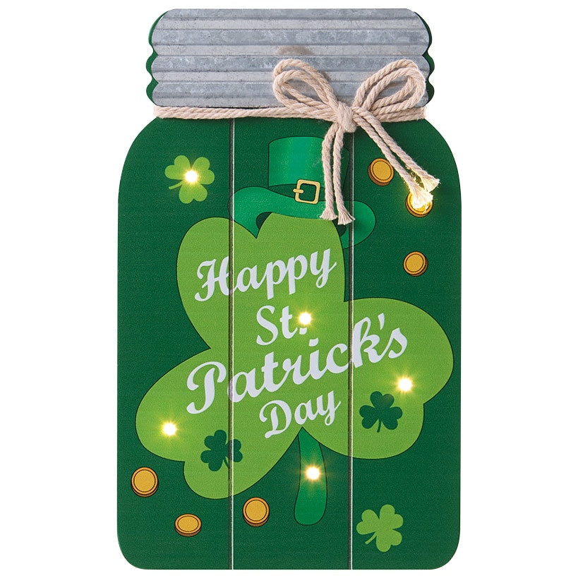 Valentine's and St Patrick's Lighted Mason Jar Wall Plaque With Saying