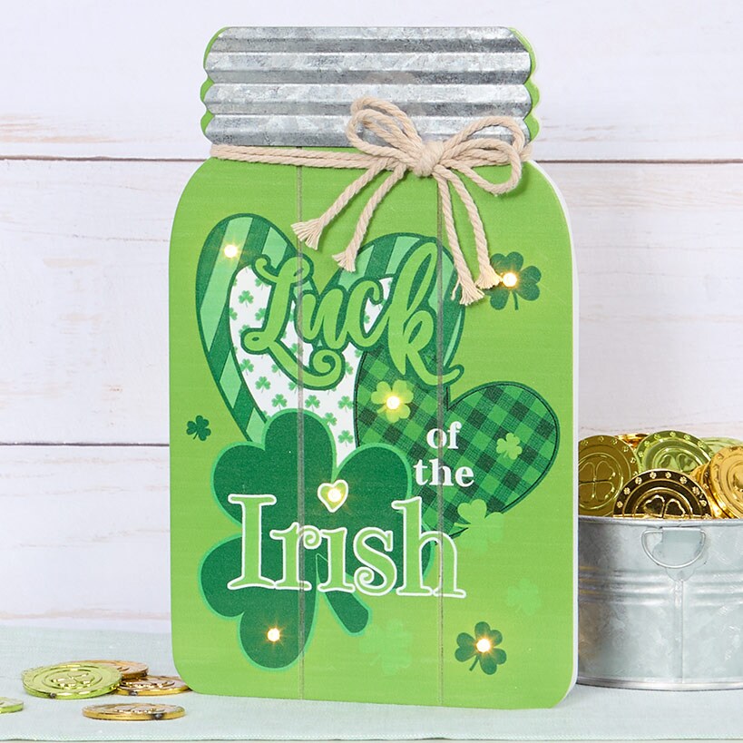 Valentine's and St Patrick's Lighted Mason Jar Wall Plaque With Saying
