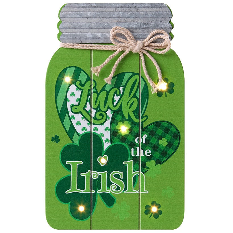 Valentine's and St Patrick's Lighted Mason Jar Wall Plaque With Saying