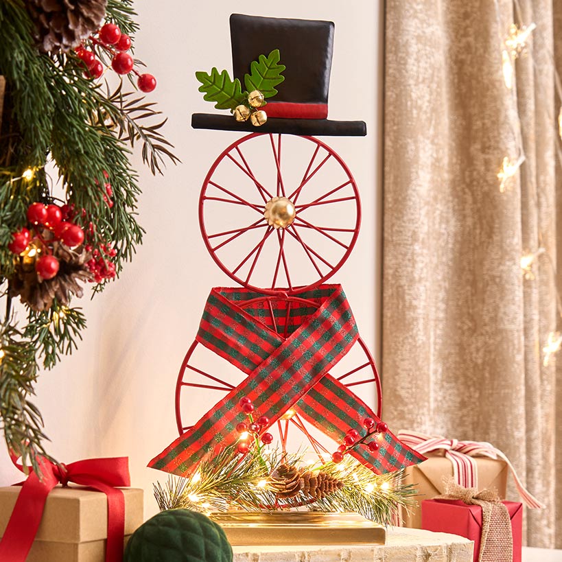 Lighted Wagon Wheel Snowman Decor