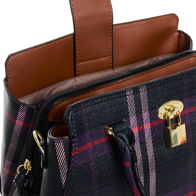 London Fog Kate Triple Satchel Plaid 2 Slip 2 Zip Purse