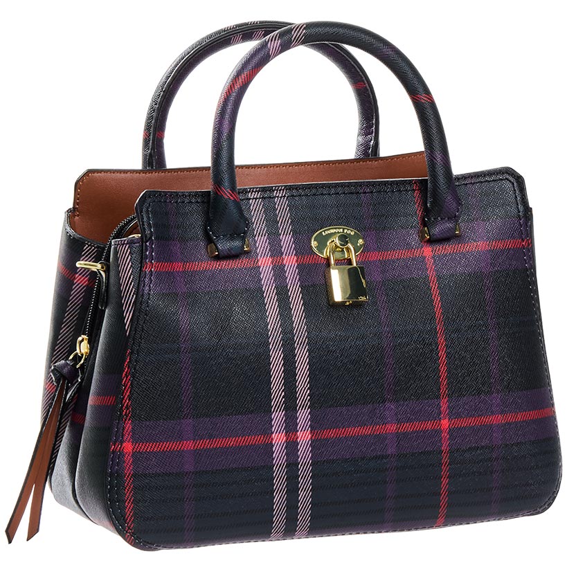London Fog Kate Triple Satchel Plaid 2 Slip 2 Zip Purse