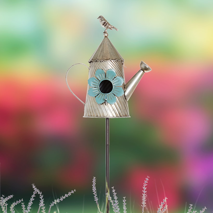 Metal Birdhouse Garden Stakes – Yellow, Red, and Blue Colors