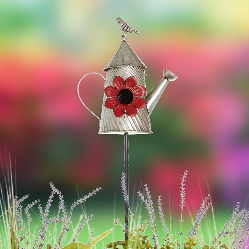 Metal Birdhouse Garden Stakes – Yellow, Red, and Blue Colors