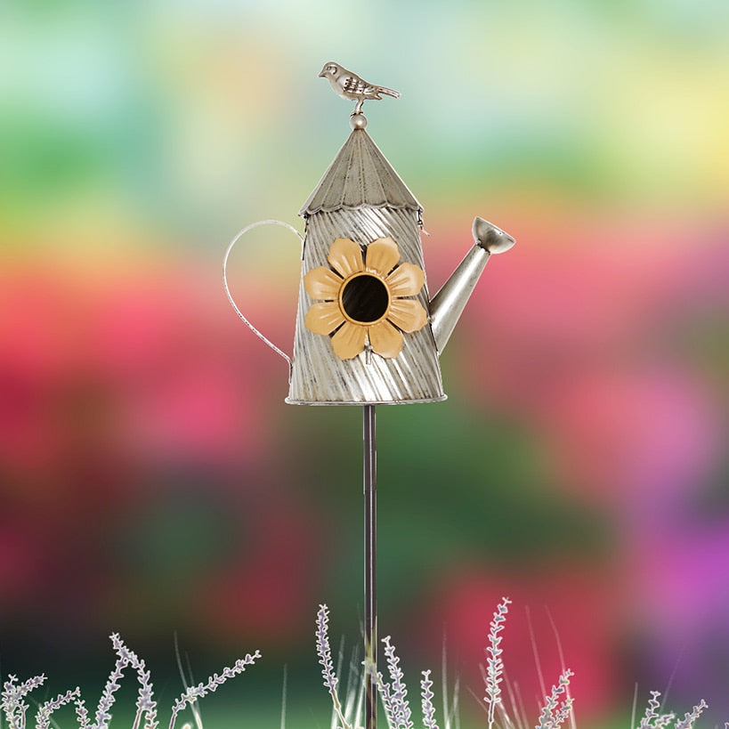 Metal Birdhouse Garden Stakes – Yellow, Red, and Blue Colors