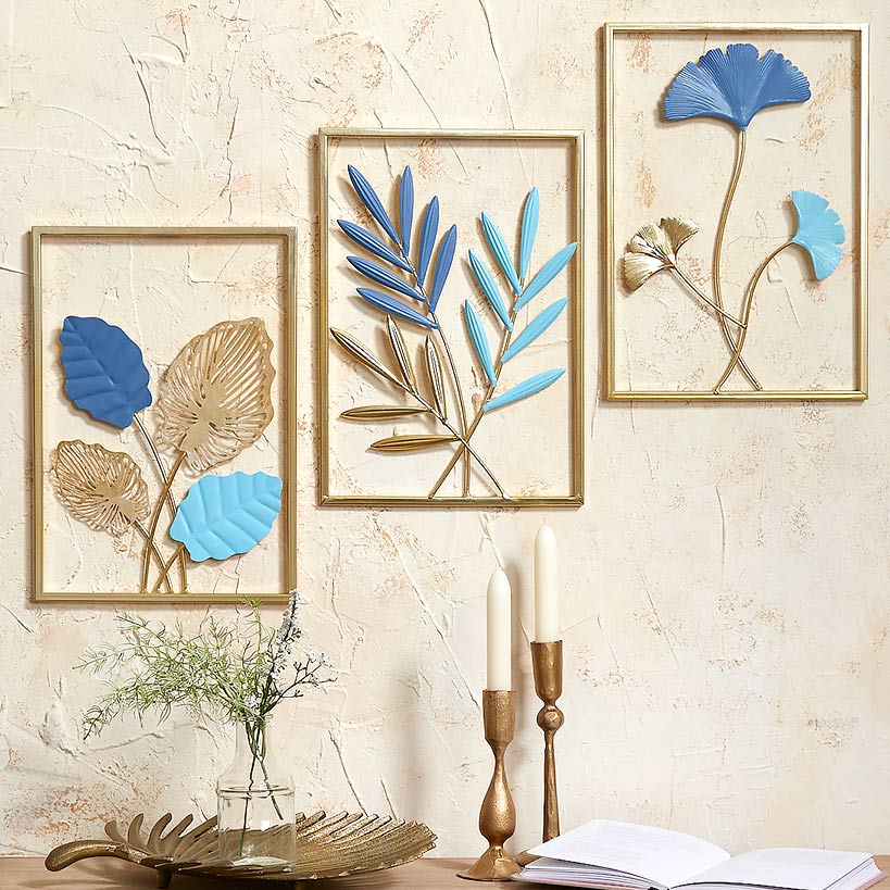Metal Blue Leaf Wall Art Trio Set