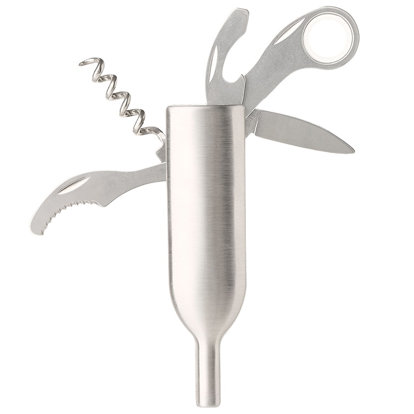 Wine Bottle Tool - Corkscrew, Cap Lifter, Magnifier, Knife, Cutter Blade