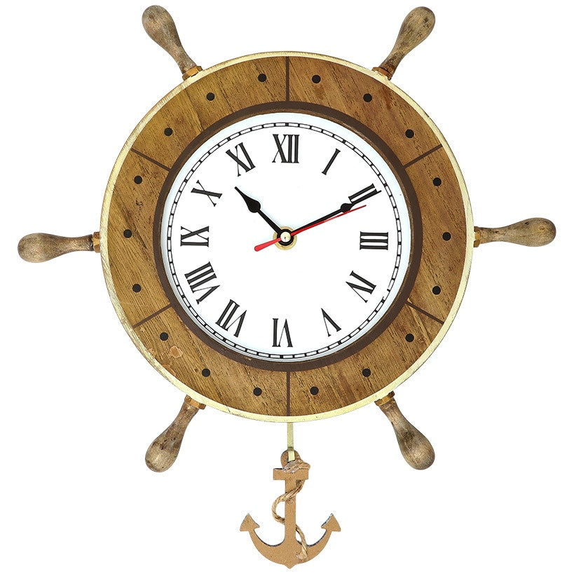 Pendulum Clock Nautical Themed Boat Or Helm Wheel With Anchor