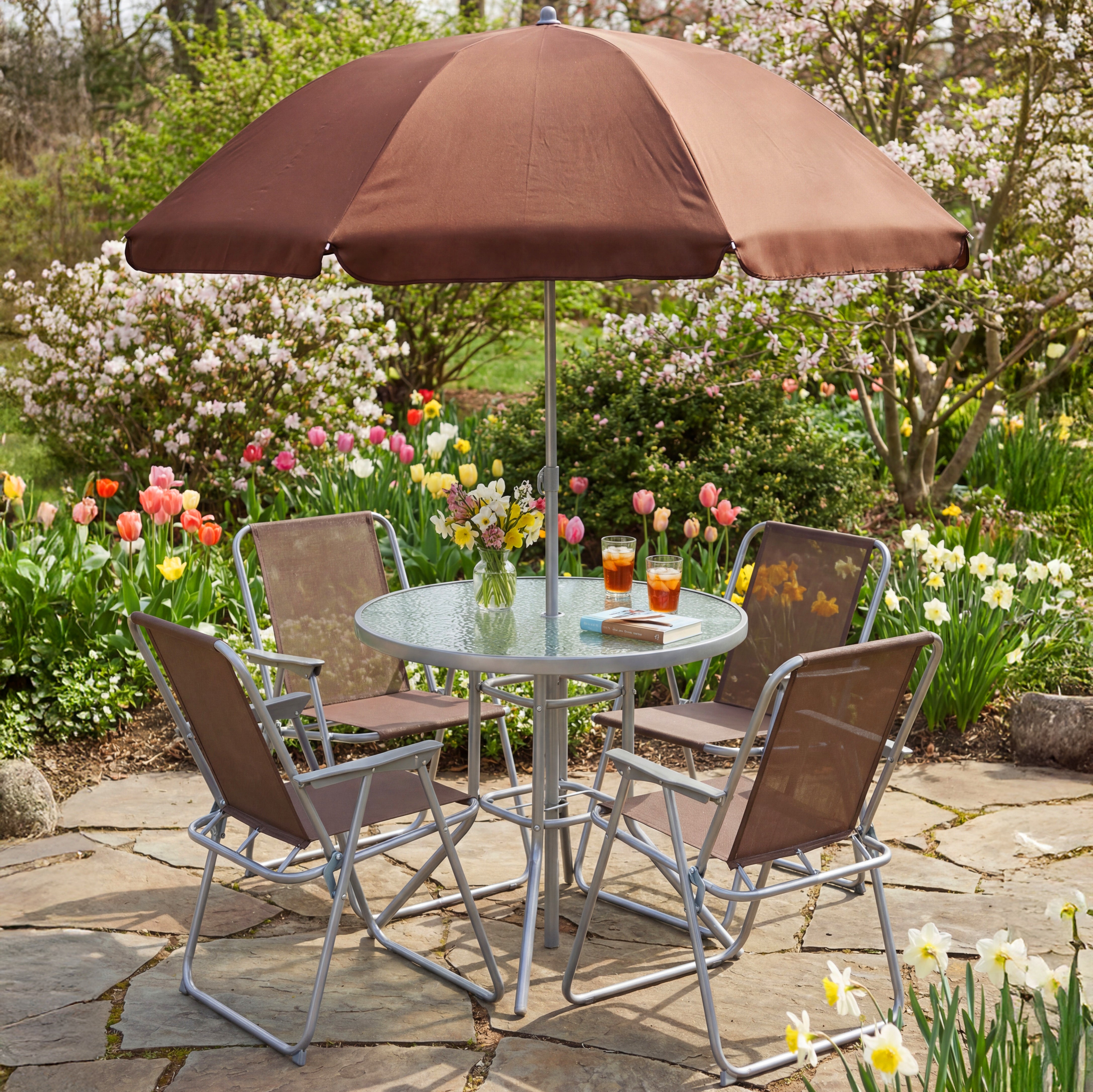 6 chair umbrella patio set Lakeside 6-Piece Outdoor Garden Glass Table Furniture Set with Chairs and Umbrella