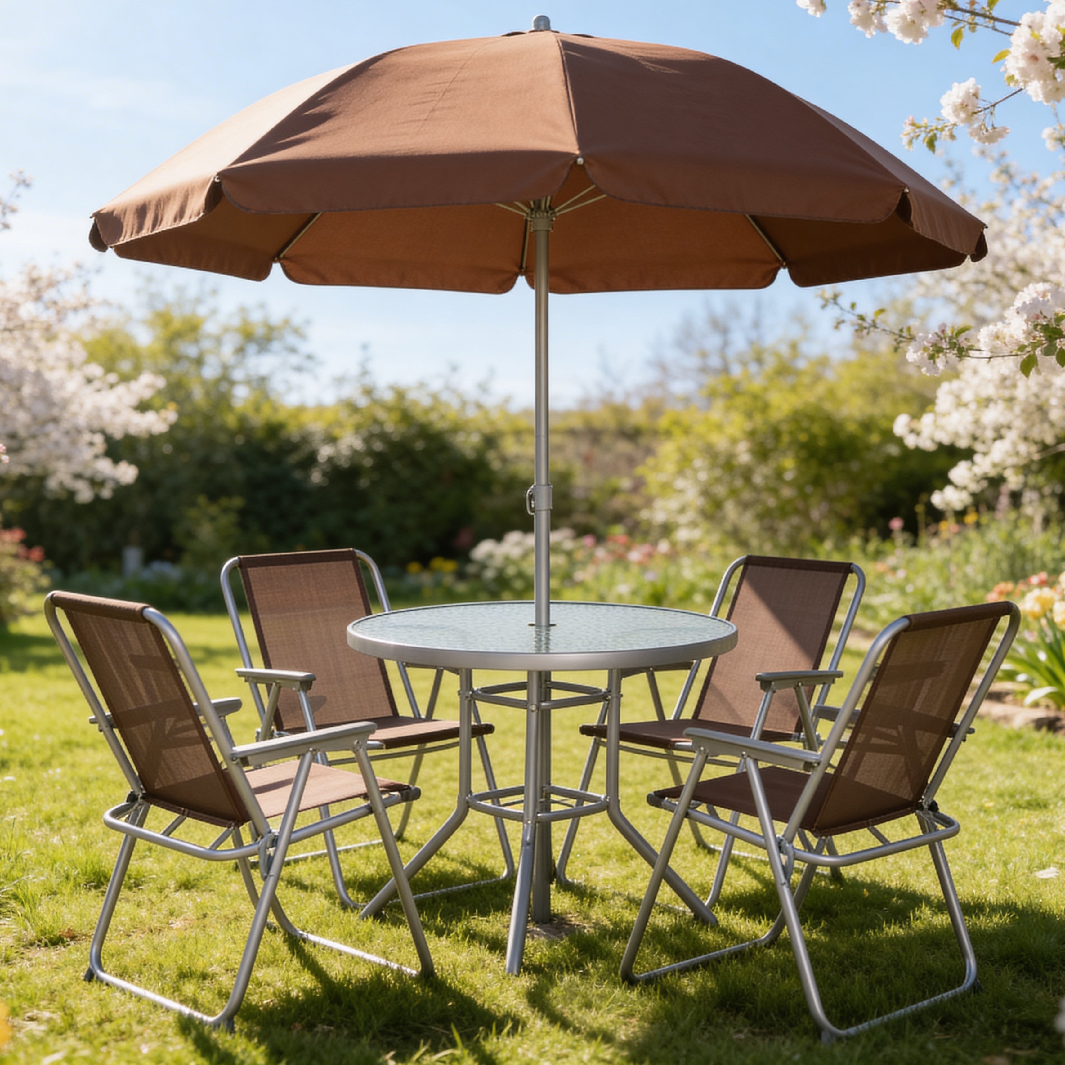 6-Pc. Outdoor Garden Glass Table Furniture Set with Chairs and Umbrella