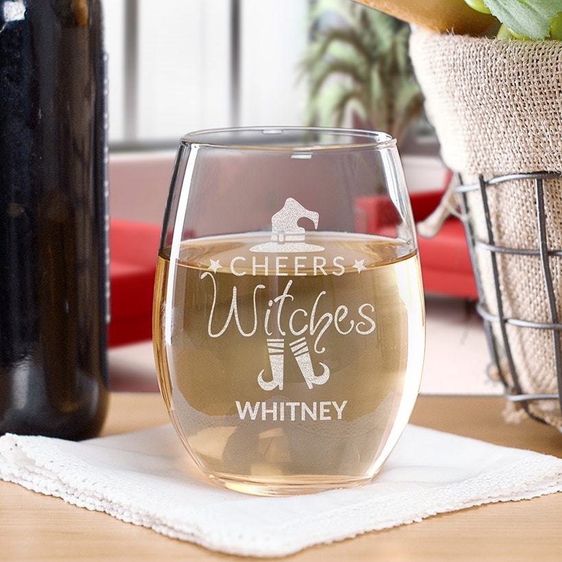 Personalized Halloween Cheers Witches Stemless Wine Glass