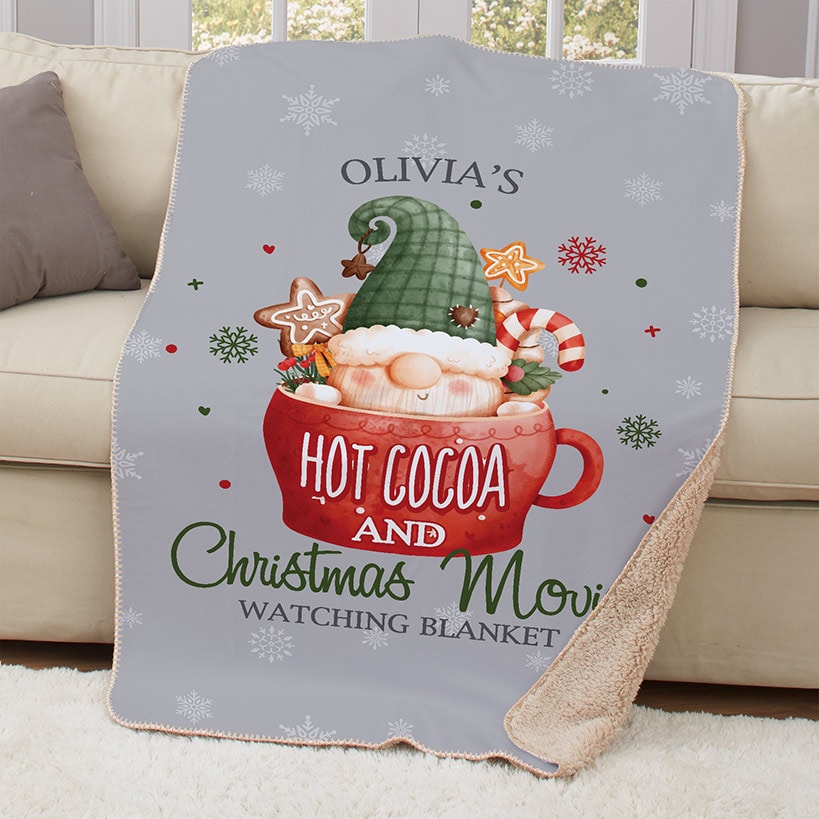Personalized Christmas Movie and Cocoa Gnome Sherpa Lined Throw