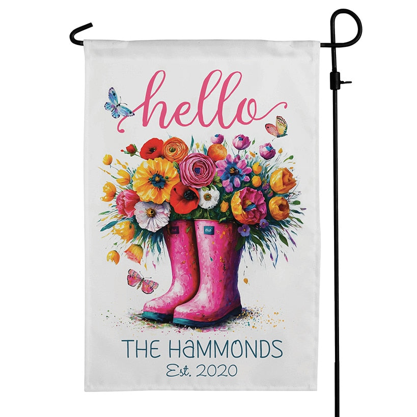 Personalized Hello Spring Floral Rain Boots Garden Flag